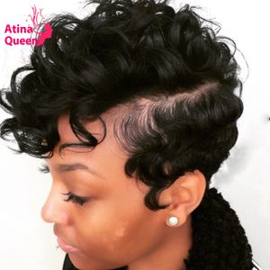 13x4 Wavy Short Wig Pre plucked Remy Bleached Knots Fashion Pixie Cut Bob Lace Wigs Human Hair Color Natural For Black Women