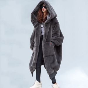 Kvinnors päls faux kvinnor 2021 casual hoodies päls tjock varm långjacka lös vinterrock casaco feminino