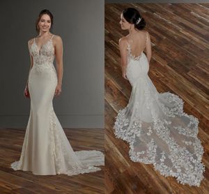 Sexy rückenfreie Meerjungfrau Brautkleider 2021 Spaghetti-Trägern Spitze Applikation Boho Strand Fischschwanz Bräute Kleider Sweep Zug Vestidos AL6758