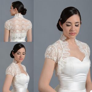 Vintage Bridal Jackets High Collar Capped Sleeve Bolero Wedding Top 2020 New Lace Appliques Custom Made Plus Size Bridal Accessories