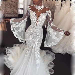 Dubai Arabisch High Neck Mermaid Brautkleider mit Sheer Neck Applikationen Spitze Volle Juliet Ärmel Brautkleider Sexy Vestido De Noiva