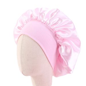 Elastic Solid Color Satin Night Sleep Hats For Kids Children Hair Care Bonnet Head Cover Wide Band Caps