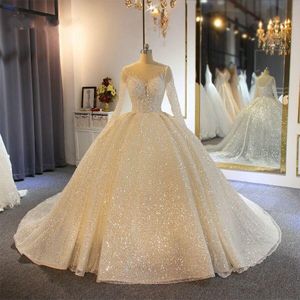 2020 musujące suknie ballowe suknie ślubne Sheer Jewel Neck Appliqued Cekiny Długie Rękawy Koronki Suknie Ślubne Custom Made Abiti da Sposa