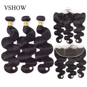 VSHOW Brazilian Body Wave Bundles With Closure 13x4 10-26 Inch Remy Human Hair 3/4 Bundles Sew In With Lace Frontal