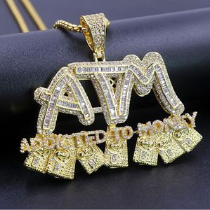 14K Iced Out Full Zircon ATM beroende av pengar Hängsmycke Halsband Micro Pave Cubic Zirconia Diamonds med 3mm 24inch rep kedja