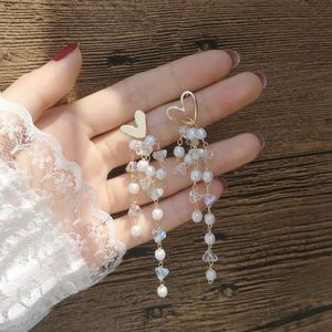 S925 Srebrna igła Serca Kolczyki Długie Tassel Crystal Pearl Jewelry Kobiet Koreański Temperament White Ear Beads