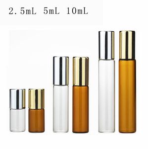 300 sztuk 2.5ml 5ml 10ml Mini Rolka na szklanej butelce Zapach bursztynowy Brązowy szklane butelki Essential Oil Butelka Stalowa metalowa rolka Ball SN3102