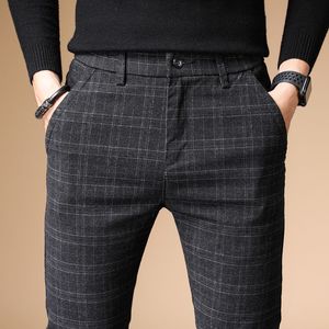 Plaid byxor män 2020 Summer Business Dress Slim Fit Skinny Trousers Man Cheap Clearance Casual Stretch Vintage Black Work Pants