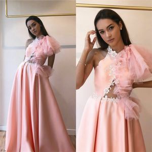 Pink Sexy Hollow A-line Evening Dresses Sleeveless Hand Made Flower Formal Prom Dress Ruched Satin And Tulle Custom Made Long Party Gown