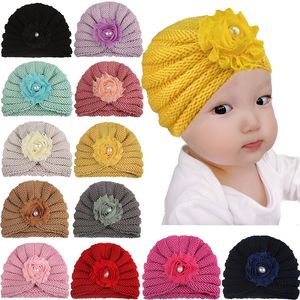 Newborn Wool Pearl Flower Hat Baby Turban India Hats Girls Floral Skull Caps Toddler Knitted Winter Beanie Infant Fashion Accessories M2441