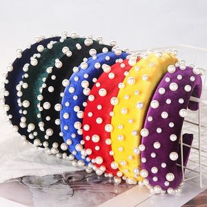 New Women Wide Sponge Pearl Headband Glitter Velvet Sweet Candy Color Hair Hoop Vintage Party Stretchy Thick Headband