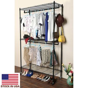 Bedroom Tier Rod Closet Organizer Garment Rack Clothes Storage Hanger Shelf Hooks Black US Stock