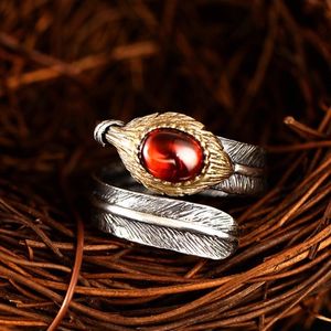Wholesale silver feather ring for sale - Group buy 925 sterling silver jewelry vintage Thai silver bird shaped opening feather ring synthetic garnet black agate