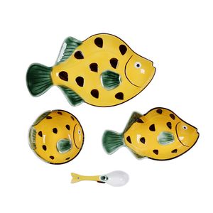 Under The Sea Fisch-Geschirr-Set, niedlicher Teller mit Meeresmotiv, Cartoon-Keramik-Servierschale, Snack-Tablett, Dessertschale, Löffel, 6 Designs