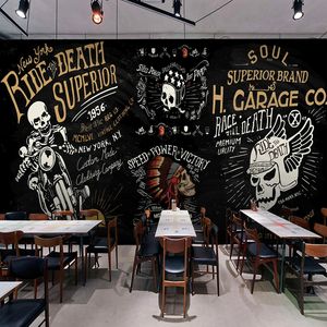 Carta da parati fotografica 3D personalizzata Carta da parati europea nostalgica retrò lavagna Graffiti Skull Motorcycle Bar Cafe Restaurant Carta da parati KTV