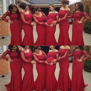 Cheap Sexy Dark Red Mermaid Bridesmaid Dresses For Weddings Three Styles Lace Appliques Long Sleeves Party Sweep Train Maid of Honor Gowns