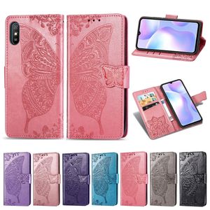 For Xiaomi Redmi 9A Case Dustproof PU Leather Cover Phone Stand Flower Butterfly Magnetic Buckle Removable Hand Strap (Model: REDMI9A)