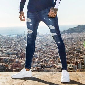 Calças masculinas homens rasgados jeans hip hop super magro alongamento azul motociclista moda slim fit streetwear homens vestuário