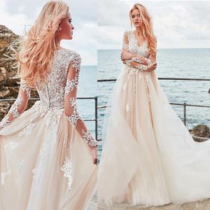 Exquisite Tulle V-neck Neckline A-line Wedding Dress With Lace Appliques Elegant Tulle Nude Long Sleeves Bridal Gowns