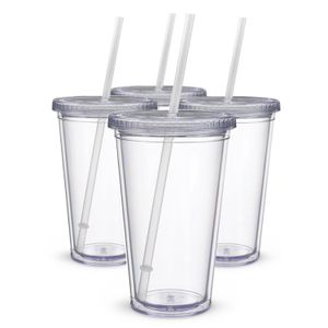 Klassiska isolerade tumblers 16 oz. Dubbelvägg Akryl 4 Förpackning / Lot Straw Type Vattenflaskor Klar Drickskoppar Y200330