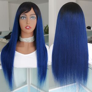 Blå Ombre Lace Front Paryk för Black Women Full Machine Made Brasilian Remy Rak Non Lace Wig med Bangs Färgad Gluvlös Flätad peruk