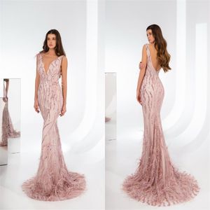 Bling Pink Blush Evening Dresses Sexy V-neck Sleeveless Sequins Feather Lace Mermaid Prom Dress Sweep Train Custom Made Formal Party Dress