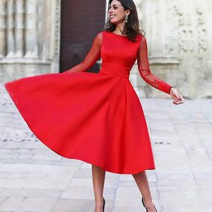 Red A Line Short Evening Dress 2020 Long Sleeve Scoop Neck Simple Prom Party Gowns Sexy Open Back Knee Length Formal Woman Dress