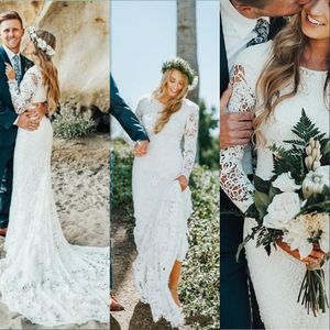 Sexig Country Beach Full spets sjöjungfruklänningar Långa ärmar Boho Court Train Bohemian Wedding Dress Brudklänningar Vestidos de Novia 403