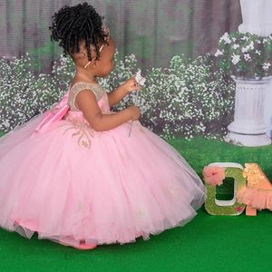 Elegant Pink Lace Flower Girl Dresses 2024 | Sheer Neckline Ball Gowns for Little Girls