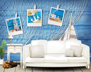 3d Wallpaper Vintage bonito Estilo Mediterrâneo Azul rede de pesca barco de pesca Shell Decoração Decoração Silk Mural Wallpaper