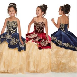 2021 Lovery Navy Blue Burgundy Girls Pageant Dresses Embroidery Lace Sleeveless Princess Corset Back Kids Flower Girl Dress Birthday Gowns Spaghetti Straps