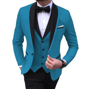 Shinny Teal Slits Mens Garnitury 3 Sztuka Czarny Szal Lapel Casual Tuxedos na ślub Groomsmen Garnitury Mężczyźni 2020 (Blazer + Vest + Spodki)