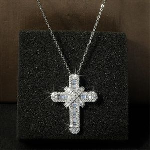 Hip Hop Vintage Moda Jóias 925 Sterling Prata Cruz Pingente Jesus Pavimentar Branco Sapphire CZ Diamante Mulheres Clavícula Colar com Corrente