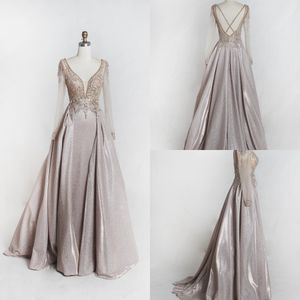 Champagne pérolas perla Cristais Prom Vestidos Pageant Mulheres Illusion manga comprida Pluning V-neck Designer Open Back lantejoulas Longo vestido de noite