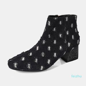 Vente chaude-bottes de cheville pour femmes de mode hiver daim talons épais bottines noir paillettes style designer robe chaussures décontractées pour dames