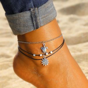 Vintage Multi Layered Turtle Pendant Anklet For Women Bohemia Sun Beads Charm Ankle Bracelet Sandals Chain Foot Jewelry