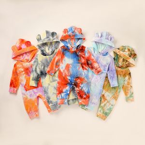 Baby Gold Velvet Rompers Ins Tie-Dye Long Sleeve Ears Hooded Jumpsuits 2020 Autumn Fashion Boutique Kids Climbing Clothes M2588