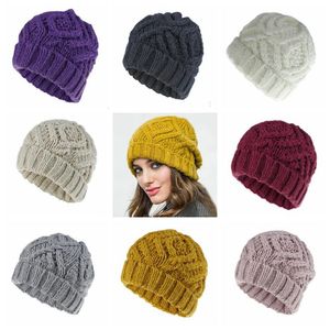 Winter knitted Beanies Hats Female Squar Grid Figure Hat Soft Coarse Woollen Thread Skull Cap Women Thick Warm Beanie Skullies Hat LSK982