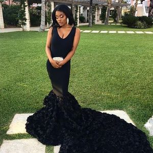 Neue schwarze Sexy Ballkleider Meerjungfrau SpitzeAppliques Satin African Long Illusion Style Abendkleid Abendkleider Robe De Soiree