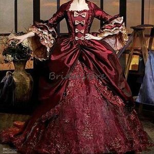 Abiti stile Quinceanera bordeaux stile medievale Manica a campana Taffettà Abito da ballo in pizzo Abiti da ballo classici 2020 Abiti da festa formale in maschera