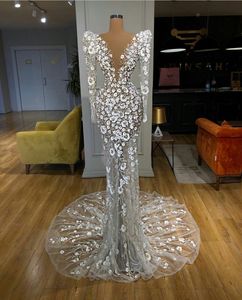 Luksusowe Zroszony 2021 Mermaid Prom Dresses Afryki Głębokie V Neck Długie Rękawy 3D Kwiat Koronki Wieczorowe Sukienka Formalna Party Pagewne Suknie