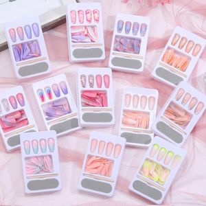 Falsos unhas 24 pçs / set Caixão Longo Falso Europeu Rainbow Ballerina Full Nail Art Dicas Artificial destacável com cola