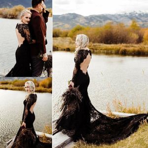 Vintage Black Lace Mermaid Wedding Dresses 2021 Illusion Long Sleeve Backless Gothic Retro Bridal Gown Long Boho Beach Vestidos de novia