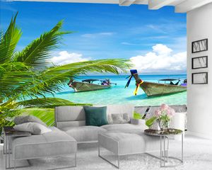 Romantic Landscape 3d Mural Wallpaper Coconut Tree Wood Boat Seascape Interior Decoration Silk Mural Wallpaper