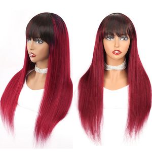 Burgundia Prosta Peruka Maszyna Made Brazylijskie Remy Ludzkie Włosy Peruki z grzywką dla Czarnych Kobiet Kolorowe 1B Red Ombre Glueless Wig Non Koronki