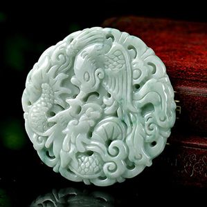 Kyszdl Myanmar Natural Green Stone Ręcznie rzeźbione Dragon Phoenix Para Kamień Wisiorek Moda Biżuteria Hurtownie