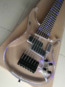 7 strings baixo acrílico luzes led luzes corpo elétrico baixo guitarra 24 trastes china Bass trans acrílico cabeça de corpo led luz real foto