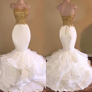 Novos vestidos de baile branco Sereia Correias Espaguetes Lace Frossa Backless Party Maxys Long Prom vestido vestido de noite Robe de Soiree