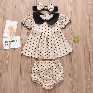 ベビー服新生児幼児の服装スーツのファッションドットプリント半袖プリーツトップス+ PPパンツ+ヘアバンド3個セット衣装幼児服