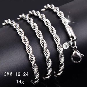 925 Серебряные серебряные веревки Ожерелье 3 мм 16-30-дюймовое симпатичное модное очарование скрученное цепное ожерелье для мужчин для мужчин, женщины, сделай сам новый дешевый